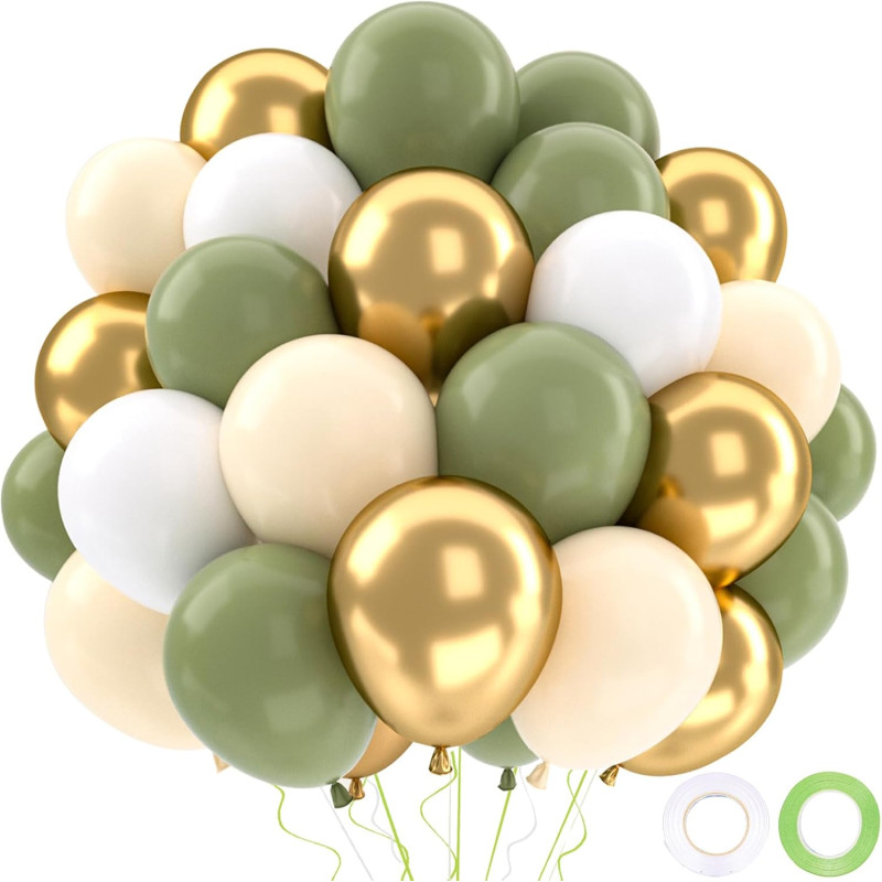 Ballons Anniversaire Vert Sauge Or, Ballons Vert Blanc, 52 Pièces Ballon Helium Olive Métalliques Or, Arche Ballon Sauge pour De