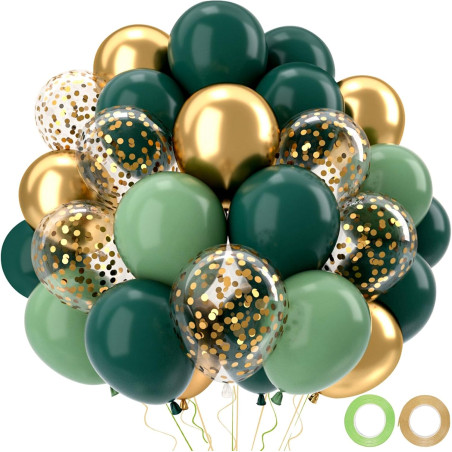 Ballons Anniversaire Vert Doré, 52 Pièces Ballons Hélium Rétro Verts Avec Rubans, Ballon Vert Sauge Confettis Métallisé Or Latex