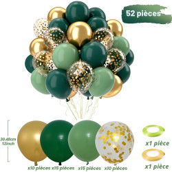 Ballons Anniversaire Vert Doré, 52 Pièces Ballons Hélium Rétro Verts Avec Rubans, Ballon Vert Sauge Confettis Métallisé Or Latex