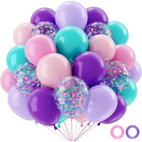 QIFU 50 Ballons En Latex Motif Sirène,Ballon Violet Rose Bleu Ballon Confettis Pourd Decoration Anniversaire Fille Mariage Baby 