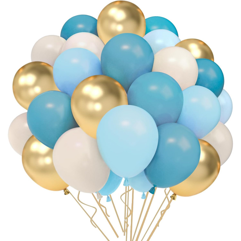 Ballons Anniversaire Bleu Sable Blanc Or, 52 Pièces Ballon Bleu Blanc Doré, Ballons De Bleu Marine Macaron Confettis Métallisé O