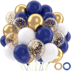 Ballons Anniversaire Bleu, 52 Pièces Ballon Bleu Et Blanc Ballon Doré, Ballons De Baudruche Bleu Marine Dorés Blanc Confettis Mé