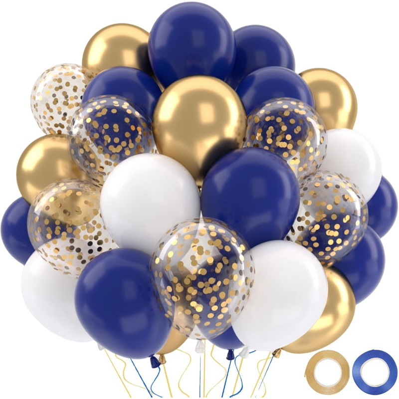 Ballons Anniversaire Bleu, 52 Pièces Ballon Bleu Et Blanc Ballon Doré, Ballons De Baudruche Bleu Marine Dorés Blanc Confettis Mé