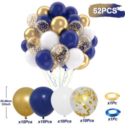 Ballons Anniversaire Bleu, 52 Pièces Ballon Bleu Et Blanc Ballon Doré, Ballons De Baudruche Bleu Marine Dorés Blanc Confettis Mé