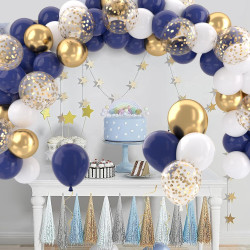 Ballons Anniversaire Bleu, 52 Pièces Ballon Bleu Et Blanc Ballon Doré, Ballons De Baudruche Bleu Marine Dorés Blanc Confettis Mé