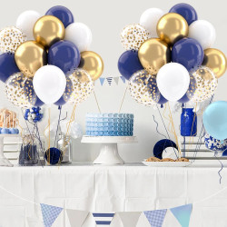 Ballons Anniversaire Bleu, 52 Pièces Ballon Bleu Et Blanc Ballon Doré, Ballons De Baudruche Bleu Marine Dorés Blanc Confettis Mé