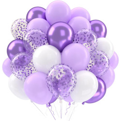 Ballons Violet Clair Blanc Anniversaire, 52 Pièces Ballon Violet Pastel Decoration, Ballon De Baudruche Transparent Confettis Li