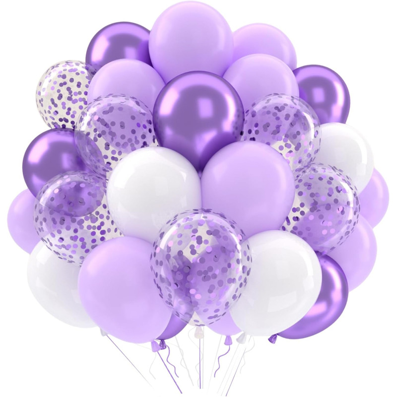 Ballons Violet Clair Blanc Anniversaire, 52 Pièces Ballon Violet Pastel Decoration, Ballon De Baudruche Transparent Confettis Li