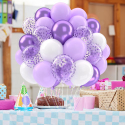 Ballons Violet Clair Blanc Anniversaire, 52 Pièces Ballon Violet Pastel Decoration, Ballon De Baudruche Transparent Confettis Li