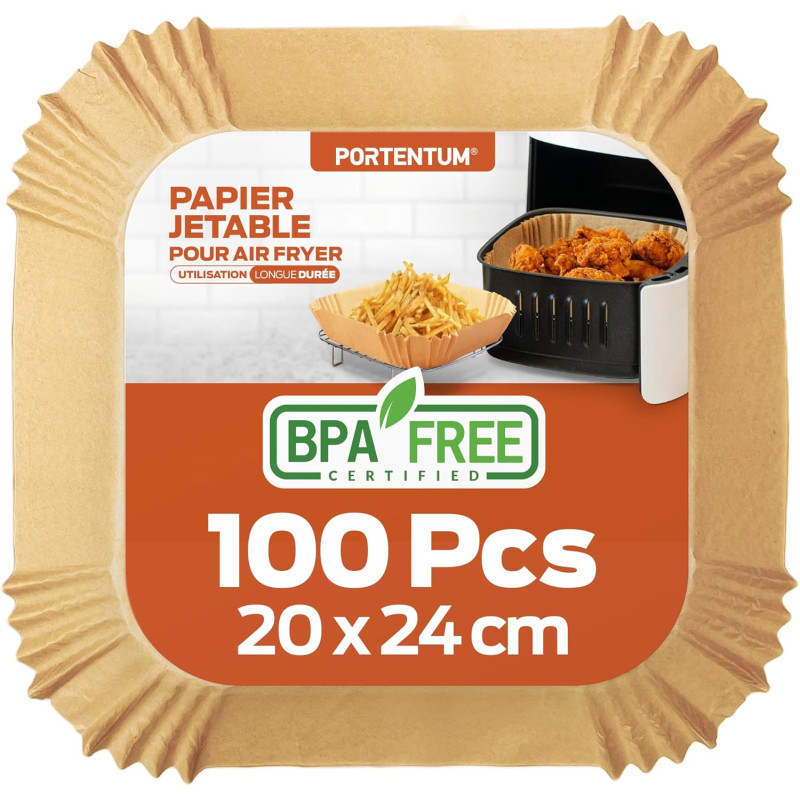 PORTENTUM Papier cuisson air fryer - 100 pièces Food-Grade sans BPA, 20×24 cm, adapté friteuses 5–8 L, solution idéale pour prép