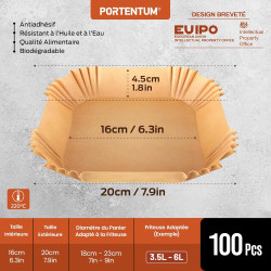 PORTENTUM Papier cuisson air fryer - 100 pièces Food-Grade BPA gratuit, 16 x 24 cm, pour friteuse sans huile 3 à 4,5 litres - Id