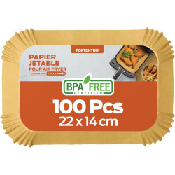 PORTENTUM Papier cuisson air fryer - 100 pièces Food-Grade sans BPA, 22×14 cm rectangulaire, compatible friteuses doubles type N