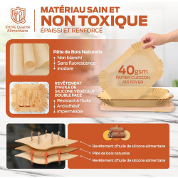 PORTENTUM Papier cuisson air fryer - 100 pièces Food-Grade sans BPA, 22×14 cm rectangulaire, compatible friteuses doubles type N