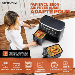 PORTENTUM Papier cuisson air fryer - 100 pièces Food-Grade sans BPA, 22×14 cm rectangulaire, compatible friteuses doubles type N