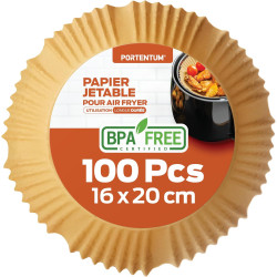 PORTENTUM Papier cuisson air fryer - 100 pièces Food-Grade sans BPA, 16×20 cm, conçu pour friteuses 3–4,5 L, feuilles résistante
