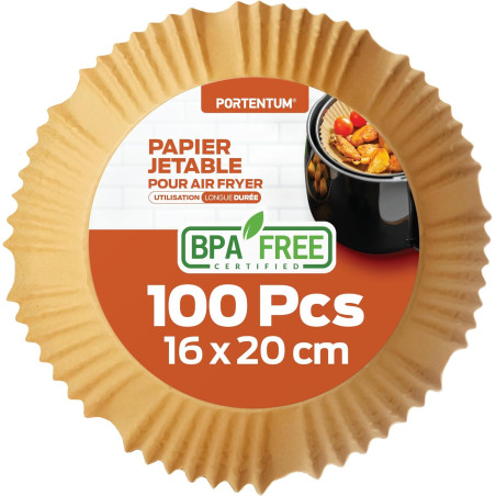 PORTENTUM Papier cuisson air fryer - 100 pièces Food-Grade sans BPA, 16×20 cm, conçu pour friteuses 3–4,5 L, feuilles résistante