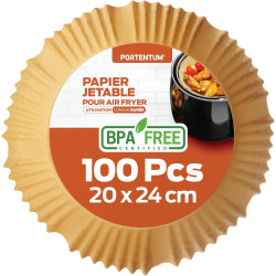 PORTENTUM Papier cuisson air fryer - 100 pièces Food-Grade sans BPA, 20×24 cm rond, utilisable avec friteuses 5–8 L, parfait pou