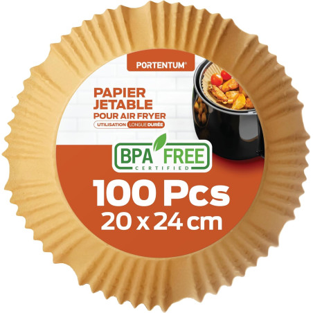 PORTENTUM Papier cuisson air fryer - 100 pièces Food-Grade sans BPA, 20×24 cm rond, utilisable avec friteuses 5–8 L, parfait pou