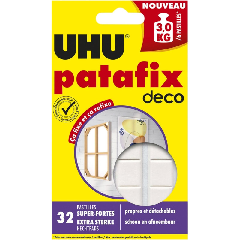 UHU Patafix Déco - Pastilles Adhésives Prédécoupées - Fixation Super Forte Jusqu'à 3 Kg - Testées Sous Contrôle Dermatologique -