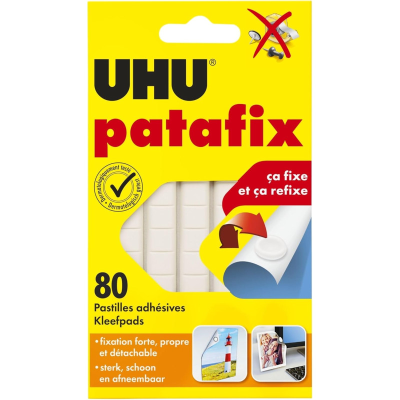 UHU Patafix - Pastilles Adhésives Prédécoupées - Fixation Rapide et Propre - Testées Sous Contrôle Dermatologique - Blanches - 8