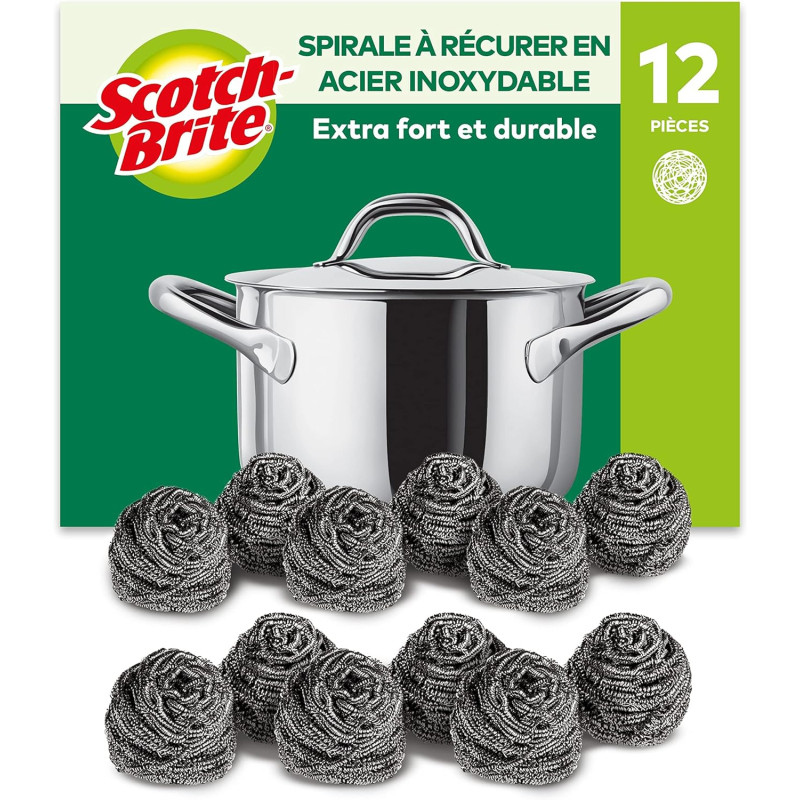 Scotch-Brite Éponge à Récurer en Acier Inoxydable, 12 Pièces - Résistants à la Rouille, Nettoyage Puissant et Efficace, Argenté