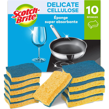 Scotch-Brite Delicate Éponge à Récurer en Cellulose non Rayante , 10 Pièces - Tampon à Récurer Très Absorbant Indiqué pour les T
