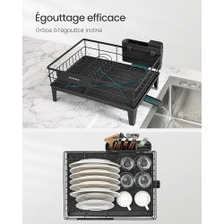SONGMICS Égouttoir à Vaisselle, Organisateur de Plan de Travail, Bec Rotatif à 360° et Extensible, Bac d’Égouttement, Porte-Couv