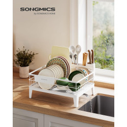 SONGMICS Égouttoir à Vaisselle, Organisateur de Plan de Travail, Bec Rotatif à 360° et Extensible, Bac d’Égouttement, Porte-Couv