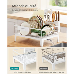 SONGMICS Égouttoir à Vaisselle, Organisateur de Plan de Travail, Bec Rotatif à 360° et Extensible, Bac d’Égouttement, Porte-Couv