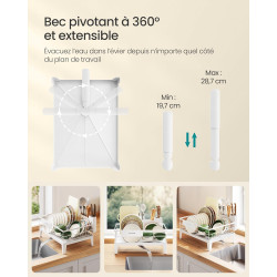 SONGMICS Égouttoir à Vaisselle, Organisateur de Plan de Travail, Bec Rotatif à 360° et Extensible, Bac d’Égouttement, Porte-Couv