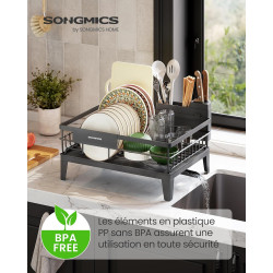 SONGMICS Égouttoir à Vaisselle, Organisateur de Plan de Travail, Bec Rotatif à 360° et Extensible, Bac d’Égouttement, Porte-Couv