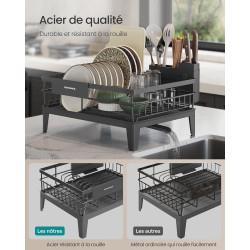 SONGMICS Égouttoir à Vaisselle, Organisateur de Plan de Travail, Bec Rotatif à 360° et Extensible, Bac d’Égouttement, Porte-Couv