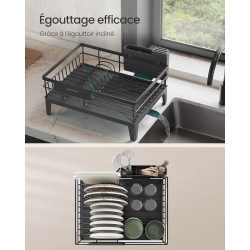 SONGMICS Égouttoir à Vaisselle, Organisateur de Plan de Travail, Bec Rotatif à 360° et Extensible, Bac d’Égouttement, Porte-Couv