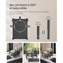 SONGMICS Égouttoir à Vaisselle, Organisateur de Plan de Travail, Bec Rotatif à 360° et Extensible, Bac d’Égouttement, Porte-Couv