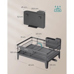 SONGMICS Égouttoir à Vaisselle, Organisateur de Plan de Travail, Bec Rotatif à 360° et Extensible, Bac d’Égouttement, Porte-Couv