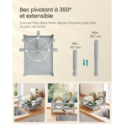 SONGMICS Égouttoir à Vaisselle, Organisateur de Plan de Travail, Bec Rotatif à 360° et Extensible, Bac d’Égouttement, Porte-Couv