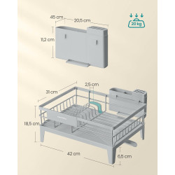 SONGMICS Égouttoir à Vaisselle, Organisateur de Plan de Travail, Bec Rotatif à 360° et Extensible, Bac d’Égouttement, Porte-Couv