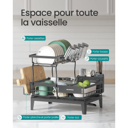 SONGMICS Égouttoir à Vaisselle, 2 Niveaux, Organisateur de Plan de Travail, Bec Rotatif à 360° et Extensible, Bac d’Égouttement,