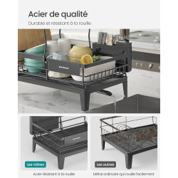 SONGMICS Égouttoir à Vaisselle, 2 Niveaux, Organisateur de Plan de Travail, Bec Rotatif à 360° et Extensible, Bac d’Égouttement,