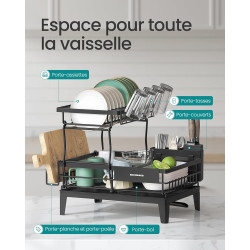 SONGMICS Égouttoir à Vaisselle, 2 Niveaux, Organisateur de Plan de Travail, Bec Rotatif à 360° et Extensible, Bac d’Égouttement,
