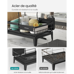 SONGMICS Égouttoir à Vaisselle, 2 Niveaux, Organisateur de Plan de Travail, Bec Rotatif à 360° et Extensible, Bac d’Égouttement,