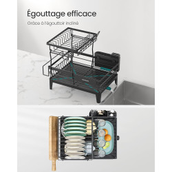 SONGMICS Égouttoir à Vaisselle, 2 Niveaux, Organisateur de Plan de Travail, Bec Rotatif à 360° et Extensible, Bac d’Égouttement,