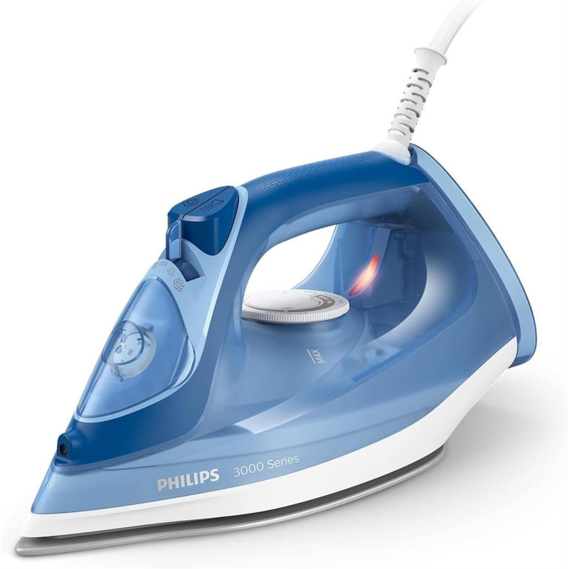 Philips Fer à repasser Série 3000 - Puissance Fer à Vapeur 2400W, Effet Pressing 180g, Débit Vapeur Continue 40 g/min, Semelle e