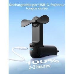 JISULIFE Mini Ventilateur Portatif 3 en 1 à Main, Rechargeable avec Batterie Externe, Lampe de Poche [12-19 Heures de Travail] -