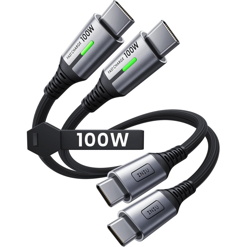 INIU Cable USB C, [0.3m+0.3m] 100W 5A PD QC4 Câble usb c vers usb c Charge Rapide, Chargeur Type C de Données en Nylon Tressé po