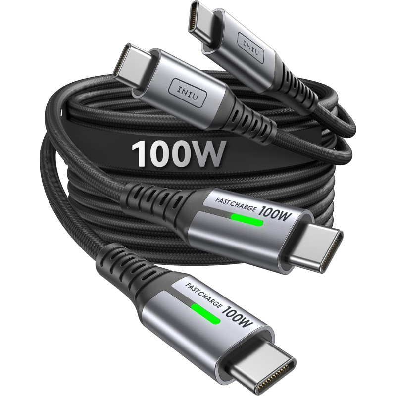 INIU Cable USB C, [1m+1m] 100W 5A PD QC4 Câble usb c vers usb c Charge Rapide, Chargeur Type C de Données en Nylon Tressé pour M
