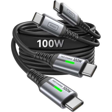 INIU Cable USB C, [1m+1m] 100W 5A PD QC4 Câble usb c vers usb c Charge Rapide, Chargeur Type C de Données en Nylon Tressé pour M