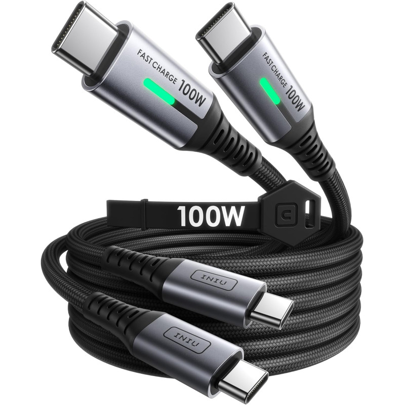 INIU Câble USB C vers USB C, [2m*2] 100W PD3.0 Cable USB C Charge Rapide, Câble USB Type C de Données en Nylon Tressé pour iPhon