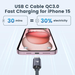 RAMPOW Cable USB C, Charge Rapide 3A QC3.0, Cable Chargeur USB C Cable Nylon Tressé Compatible avec iPhone 17 Pro Max Air 16/15,