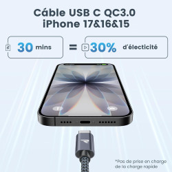 RAMPOW Cable USB C, Charge Rapide 3A QC3.0, Cable Chargeur USB C Cable Nylon Tressé Compatible avec iPhone 17 Pro Max Air 16/15,